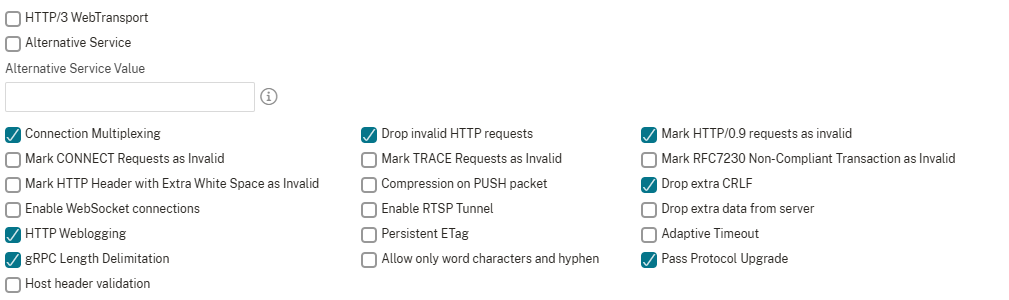 Picture of NetScaler settings for HTTP Profile